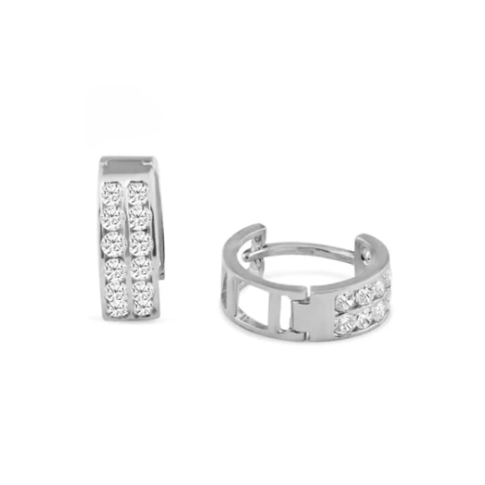 14K Yellow or White Gold Huggie Hoop Earrings with Two Rows of Round Cut Cubic Zirconia|10mm