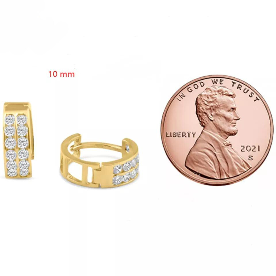 14K Yellow or White Gold Huggie Hoop Earrings with Two Rows of Round Cut Cubic Zirconia|10mm
