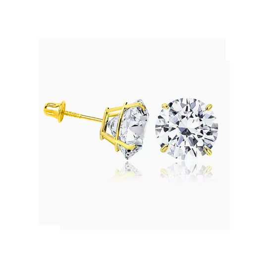 14K Solid Yellow Gold Round Solitaire Cubic Zirconia Stud Earrings | Secure Screw Back Closure